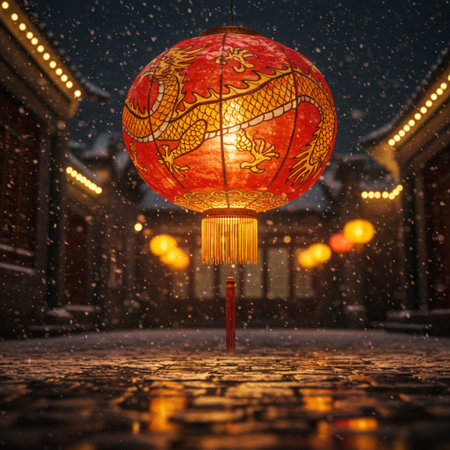 Chinese lanterns on the street during a snowfall in Shanghai, Chinaの素材