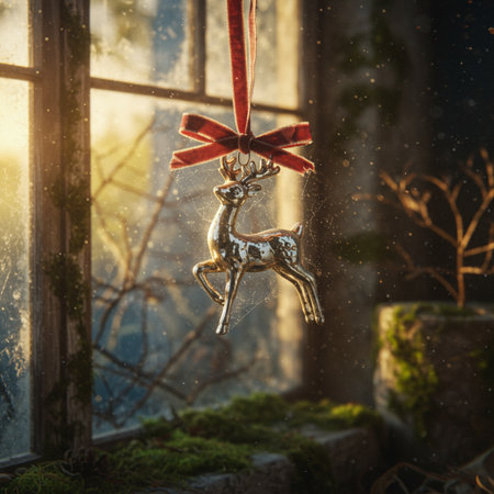 Reindeer decoration hanging on window. Christmas and New Year conceptの素材