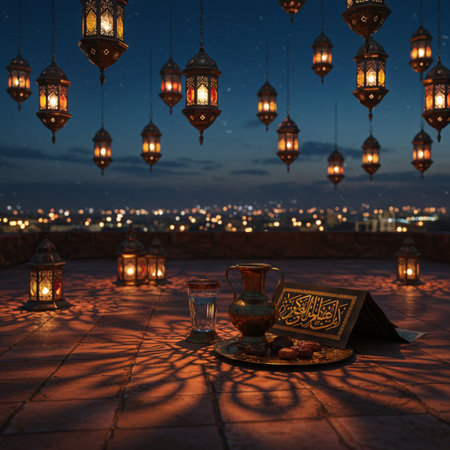 Arabic lanterns on the terrace, Ramadan Kareem backgroundの素材