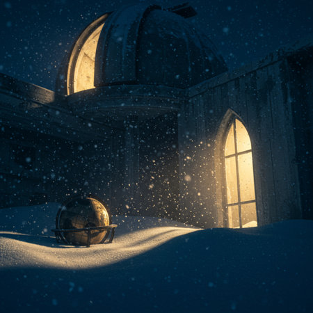 Astronomical observatory in the snow at night with moon and starsの素材