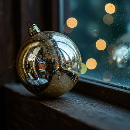 Christmas glass ball on a window sill with bokeh lights backgroundの素材