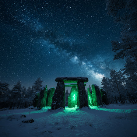 Mystical Stonehenge in the forest at night with starry skyの素材