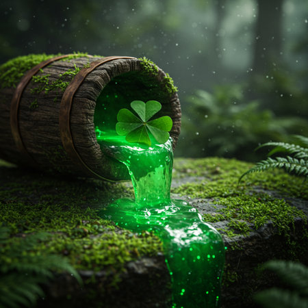 Wooden barrel with clover leaves on mossy stone in forestの素材