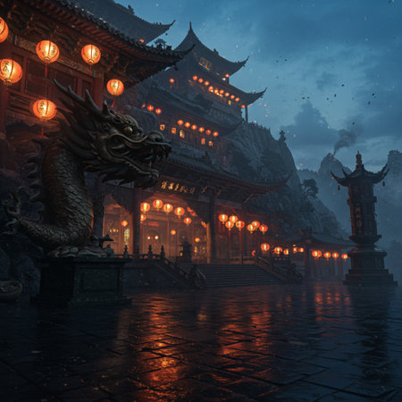 Chinese temple at night with dragon,3d rendering. Computer digital drawingの素材