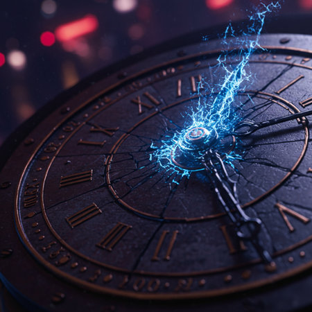 Conceptual image with clock face and lightning, 3d renderの素材