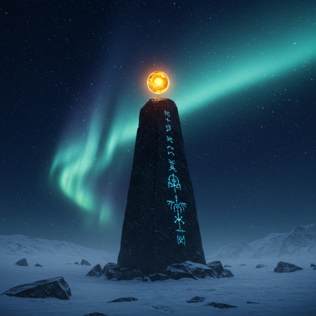 Northern lights in the night sky above the rock. 3d renderingの素材