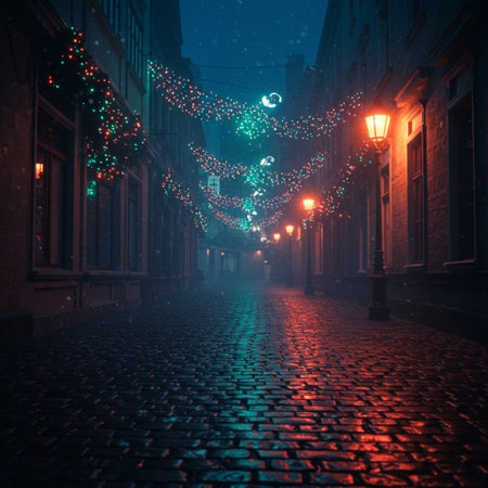Christmas lights on a street in the old town of Gdansk, Poland.の素材
