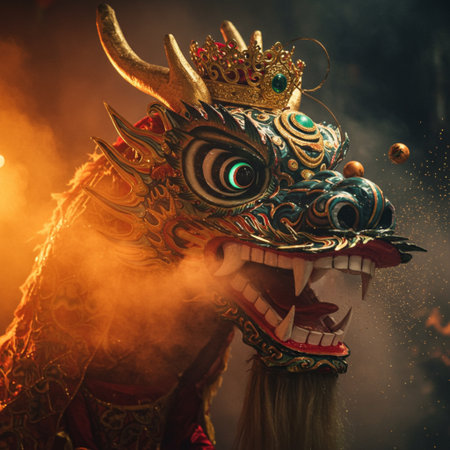 Chinese dragon in traditional costume with fire and smoke on dark background.の素材