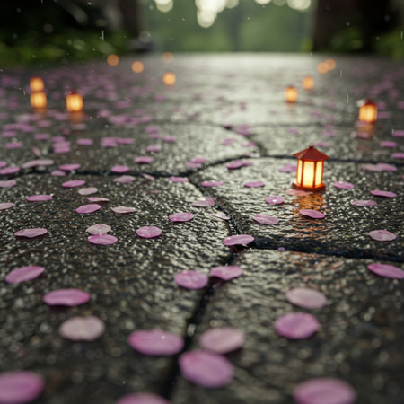 Lantern in the rain with flower petals on the groundの素材