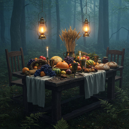 Autumn still life with fruits and vegetables in the forest. 3d renderの素材