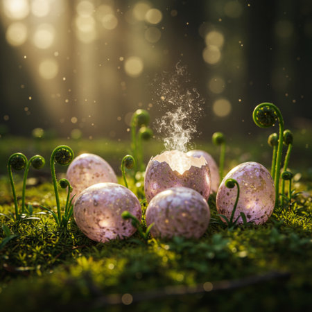 Easter eggs in the forest. Happy easter background. Easter conceptの素材