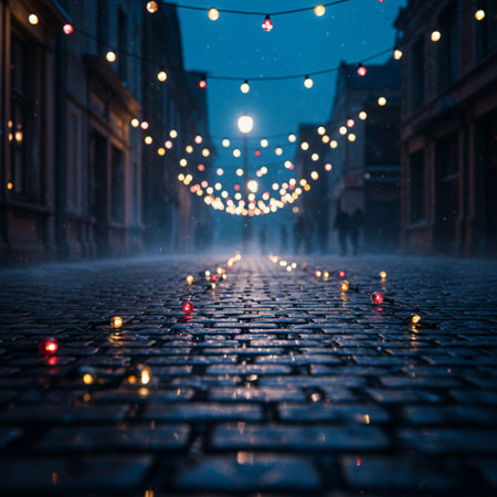 Christmas lights on a cobblestone street at night in Bruges, Belgiumの素材