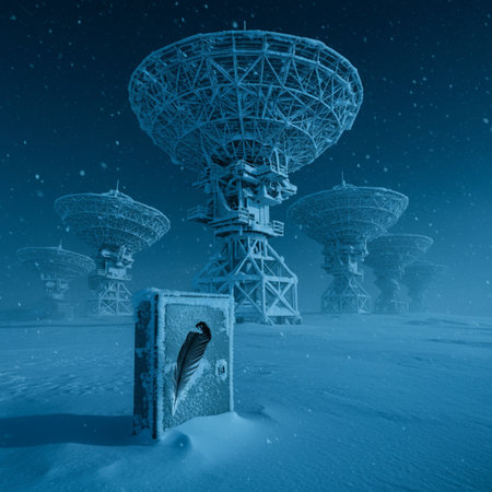 3d illustration of space station in winter landscape with stars and satellite dishの素材