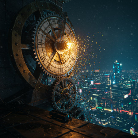 Old clock mechanism on night city background. Time concept. 3D Renderingの素材