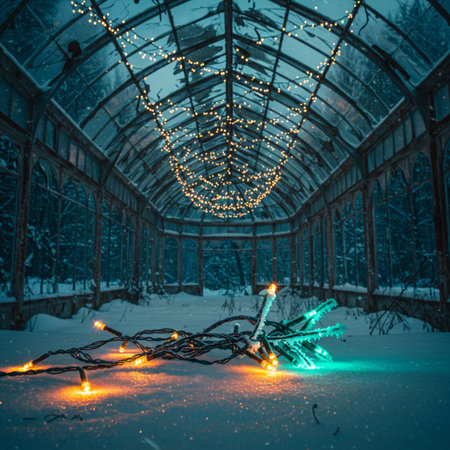 Christmas lights on a background of a greenhouse covered with snow in the winterの素材