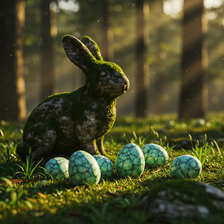 Easter bunny and easter eggs on green grass in the forestの素材