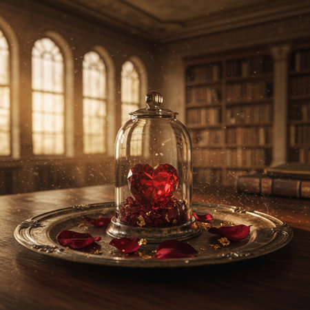 Red heart in a glass jar on the background of the old libraryの素材