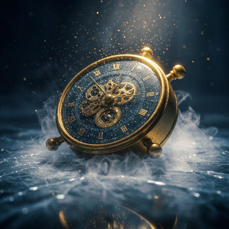 Time concept. Old vintage clock face on dark background with smoke.の素材