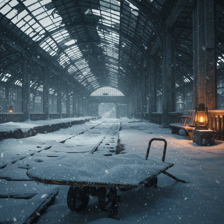 Abandoned train station in winter with snowfall. 3D renderingの素材