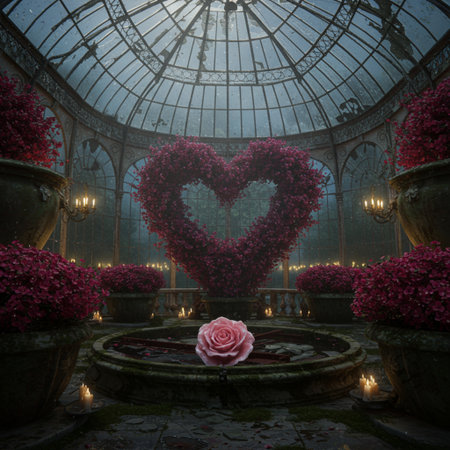 Heart shape made of flowers in a greenhouse, 3d rendering. Computer digital drawing.の素材