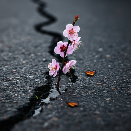 cherry blossom on asphalt road with water drop, spring seasonの素材