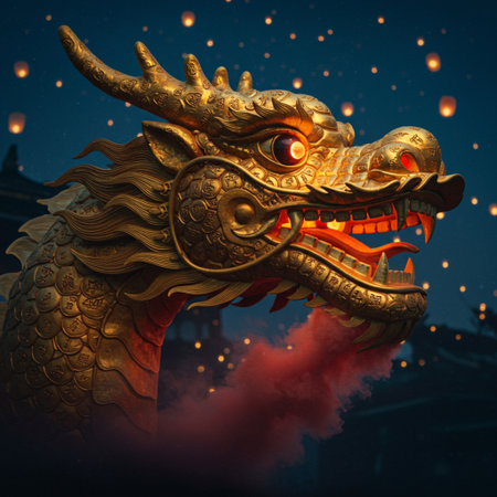 Chinese dragon statue on the night sky background. 3D illustration.の素材