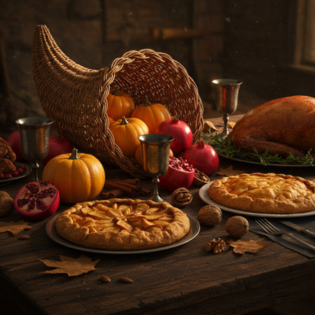 Autumn still life with pumpkin pie, apples, pomegranate, walnuts, candlesticks and candles.の素材