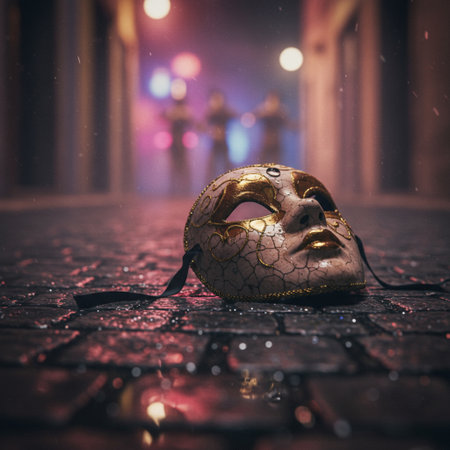 Traditional Venetian carnival mask on cobblestone street at night. Selective focusの素材