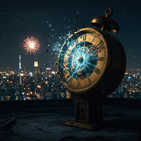 Old antique clock with fireworks on the background of the city at nightの素材