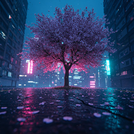 Cherry blossom tree in the city at night. 3D renderingの素材