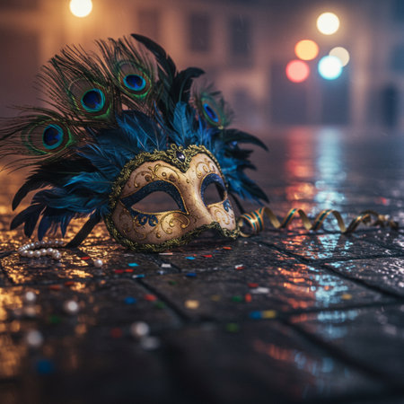 Carnival mask with feathers and beads on the floor at nightの素材