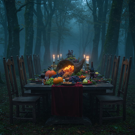 Fantasy Halloween concept. Halloween table in a dark forest with pumpkin, fruit and candle.の素材
