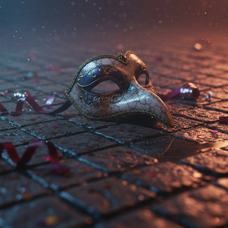 Carnival mask with confetti and ribbons on the floorの素材