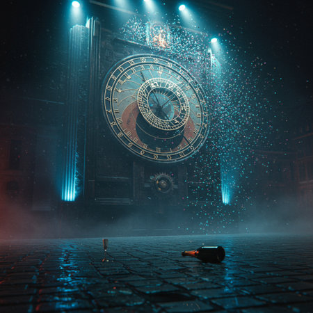 Astronomical clock on the background of the night city. 3d renderingの素材