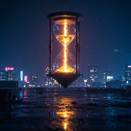 Hourglass in the city at night. Concept of time passing.の素材