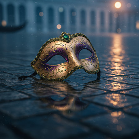 Venetian carnival mask on the ground with reflection in waterの素材