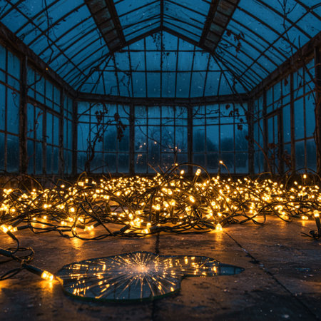 Glowing christmas lights in a greenhouse. Christmas and New Year conceptの素材