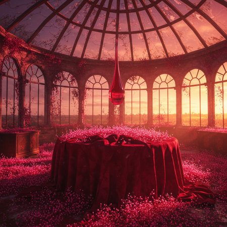 Wedding table covered with red cloth in an abandoned greenhouse.の素材