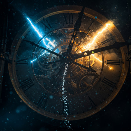 Conceptual image of a clock face with golden lights and starsの素材