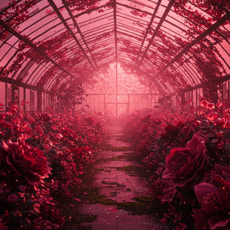 Beautiful red roses growing in a greenhouse. 3D rendering.の素材