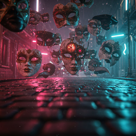 Creepy dark city street with horror mask. Halloween concept. 3D Renderingの素材