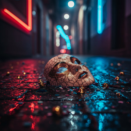 Carnival mask on the floor in the dark with neon lightsの素材