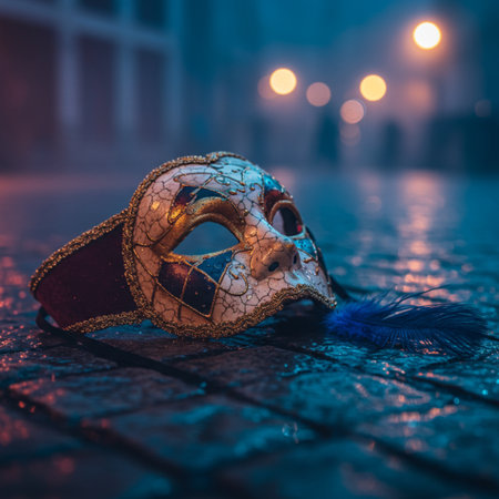 Traditional Venetian carnival mask on the street at night.の素材