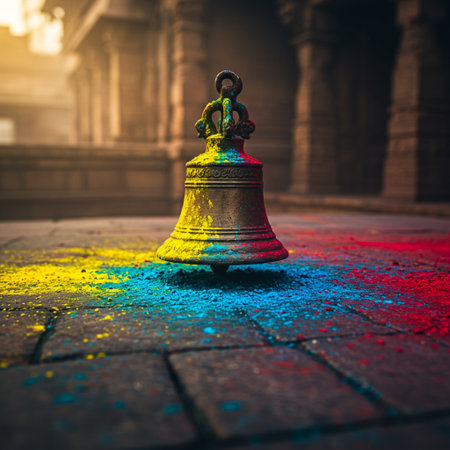 Hindu festival Holi background. Colorful Holi powder and a golden bell on the ground.の素材