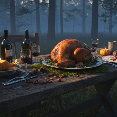 Thanksgiving dinner with roasted turkey and red wine on wooden table in foggy forestの素材