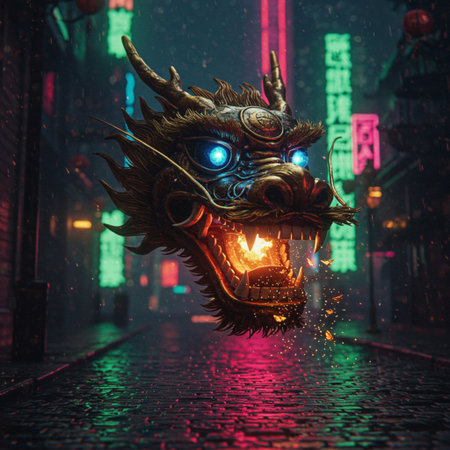 Illuminated dragon mask on the street at night in Beijing, Chinaの素材