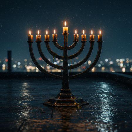 Menorah with burning candles on the background of the night city.の素材