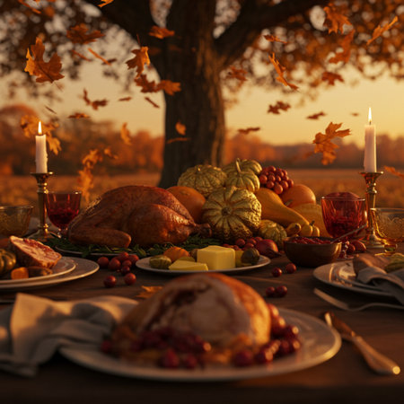Thanksgiving dinner with turkey, pumpkins, apples, berries and candles on wooden tableの素材