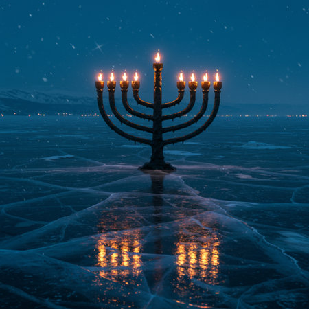 Hanukkah menorah on the ice of the river.の素材