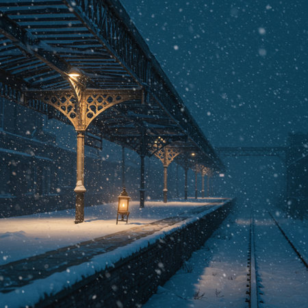Railway station at night in winter with snowfall. Railway station under snowfall.の素材